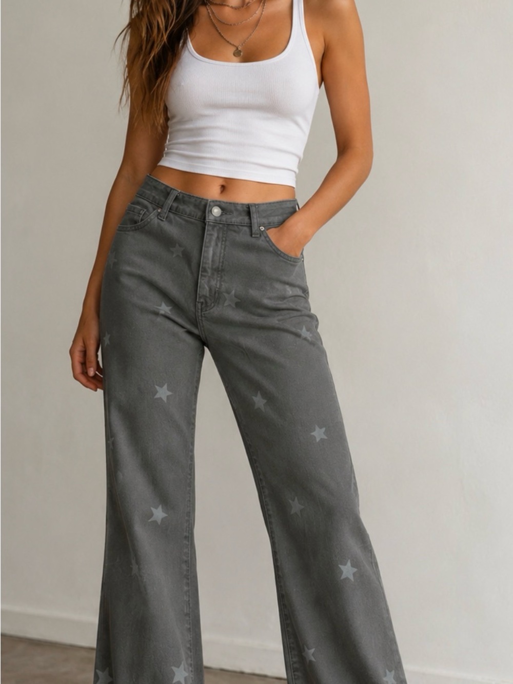 Warp + Weft Gray Star-Print Wide Leg Jeans